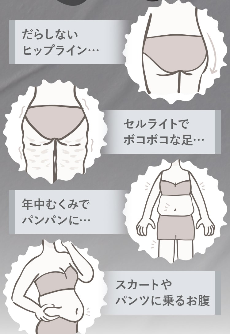 だらしないヒップライン…セルライトでボコボコな足…年中むくみでパンパンに… スカートやパンツに乗るお腹