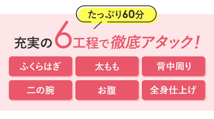 たっぷり60分 充実の6工程で徹底アタック！ ふくらはぎ 太もも 背中周り 二の腕 おなか 全身仕上げ